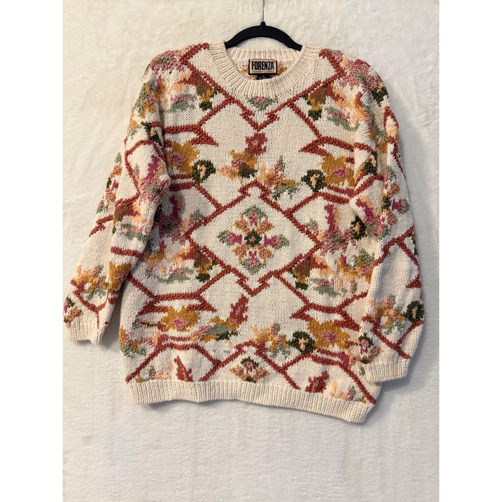 Forenza Vintage Floral Knit Sweater Womens Medium Ramie Cotton Cream Pullover